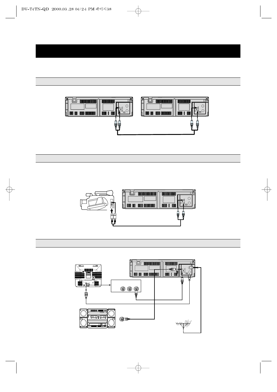 Duplicating a video tape, Connection to another vcr 38, Connection to a camcorder | Connection to a audio system | Emerson EV477 User Manual | Page 39 / 47