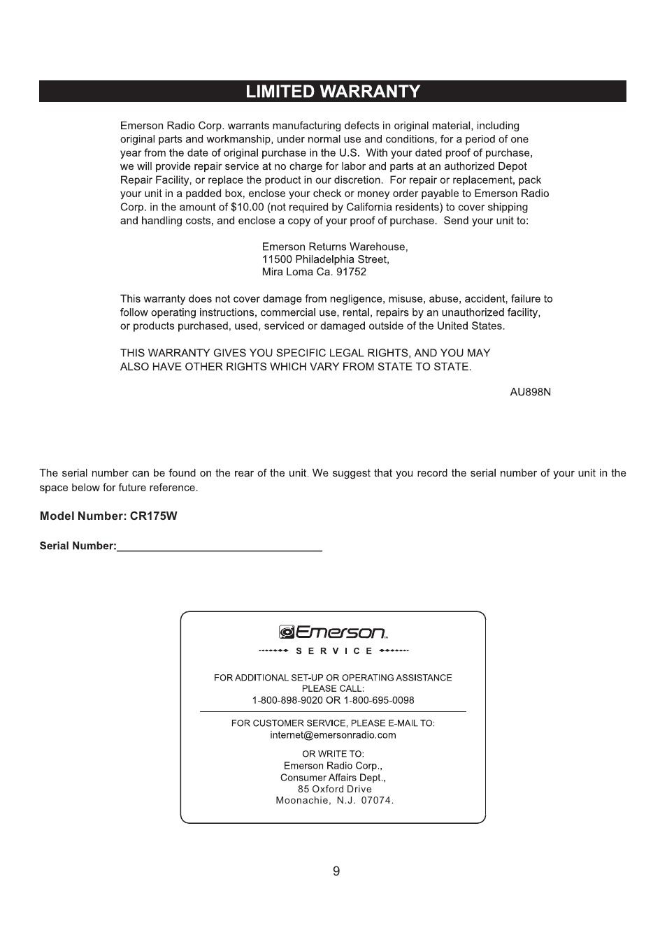 Emerson Radio CR175W User Manual | Page 10 / 11
