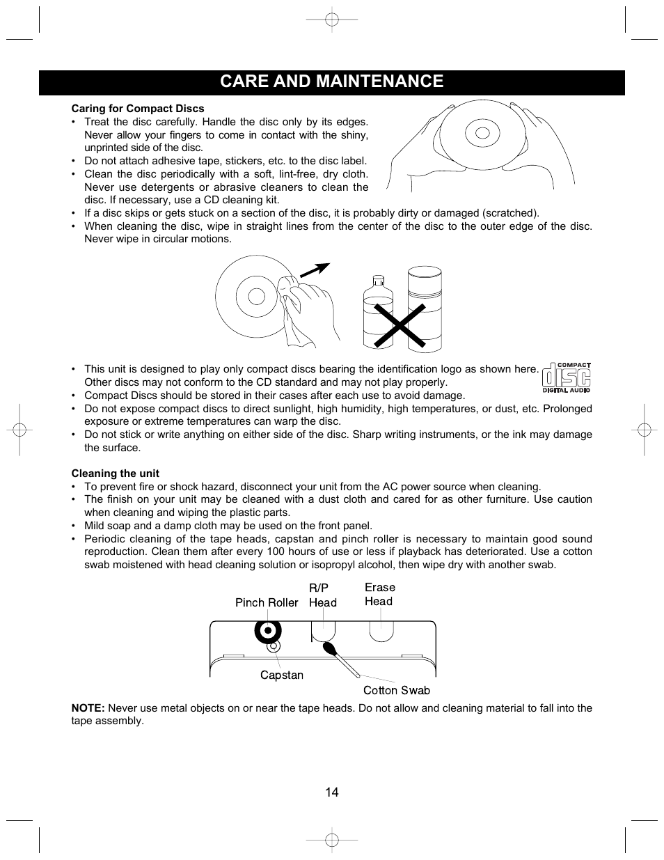 Care and maintenance | Emerson Radio PD6528 User Manual | Page 15 / 19