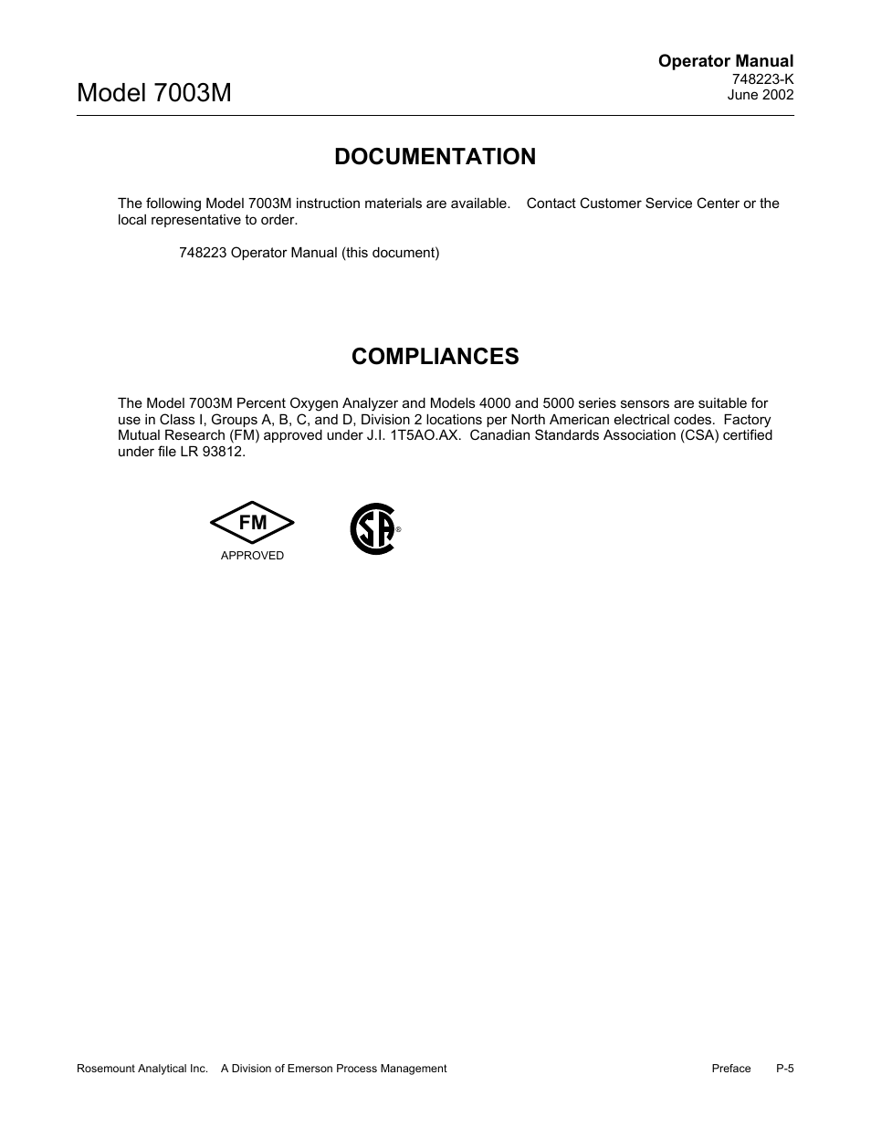 Documentation, Compliances, Model 7003m | Emerson 7003M User Manual | Page 11 / 74