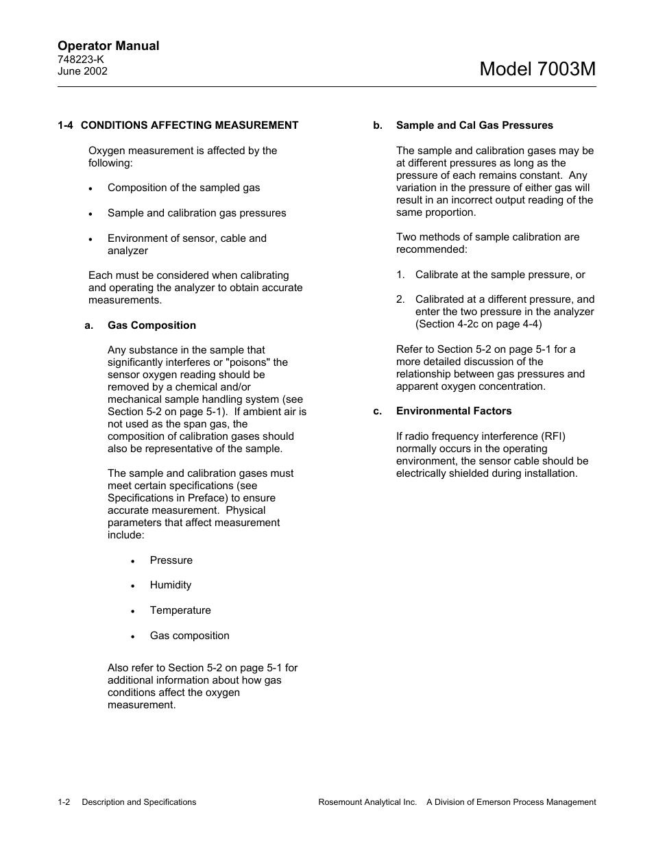 4 conditions affecting measurement, A. gas composition, B. sample and cal gas pressures | C. environmental factors, Model 7003m | Emerson 7003M User Manual | Page 14 / 74