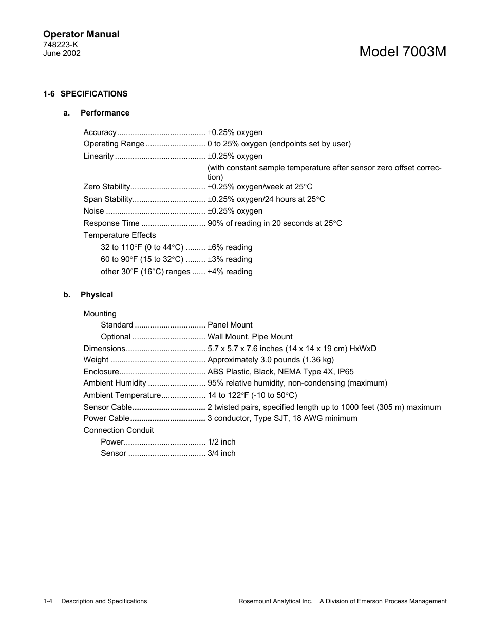 6 specifications, A. performance, B. physical | Model 7003m | Emerson 7003M User Manual | Page 16 / 74