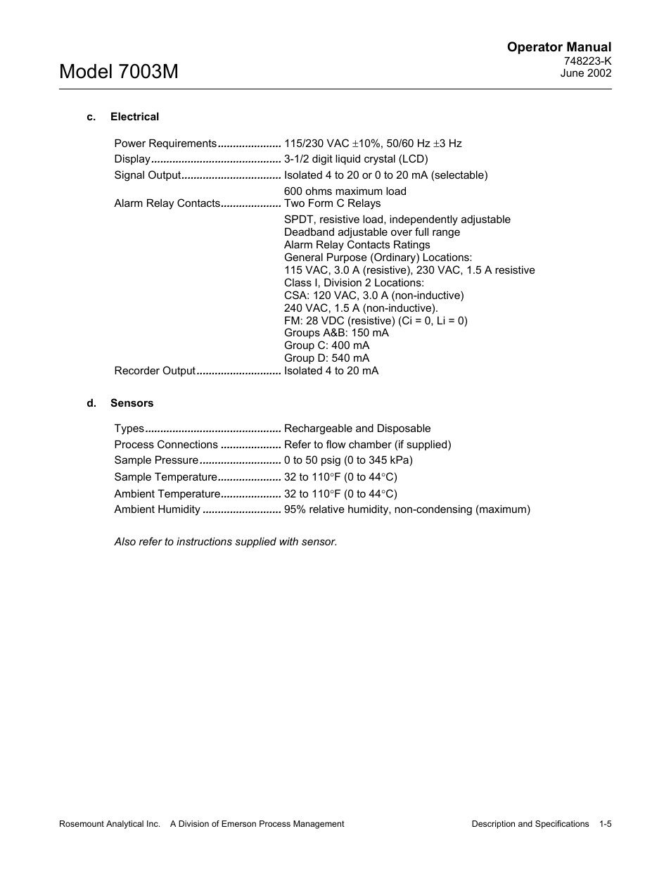 C. electrical, D. sensors, Model 7003m | Emerson 7003M User Manual | Page 17 / 74