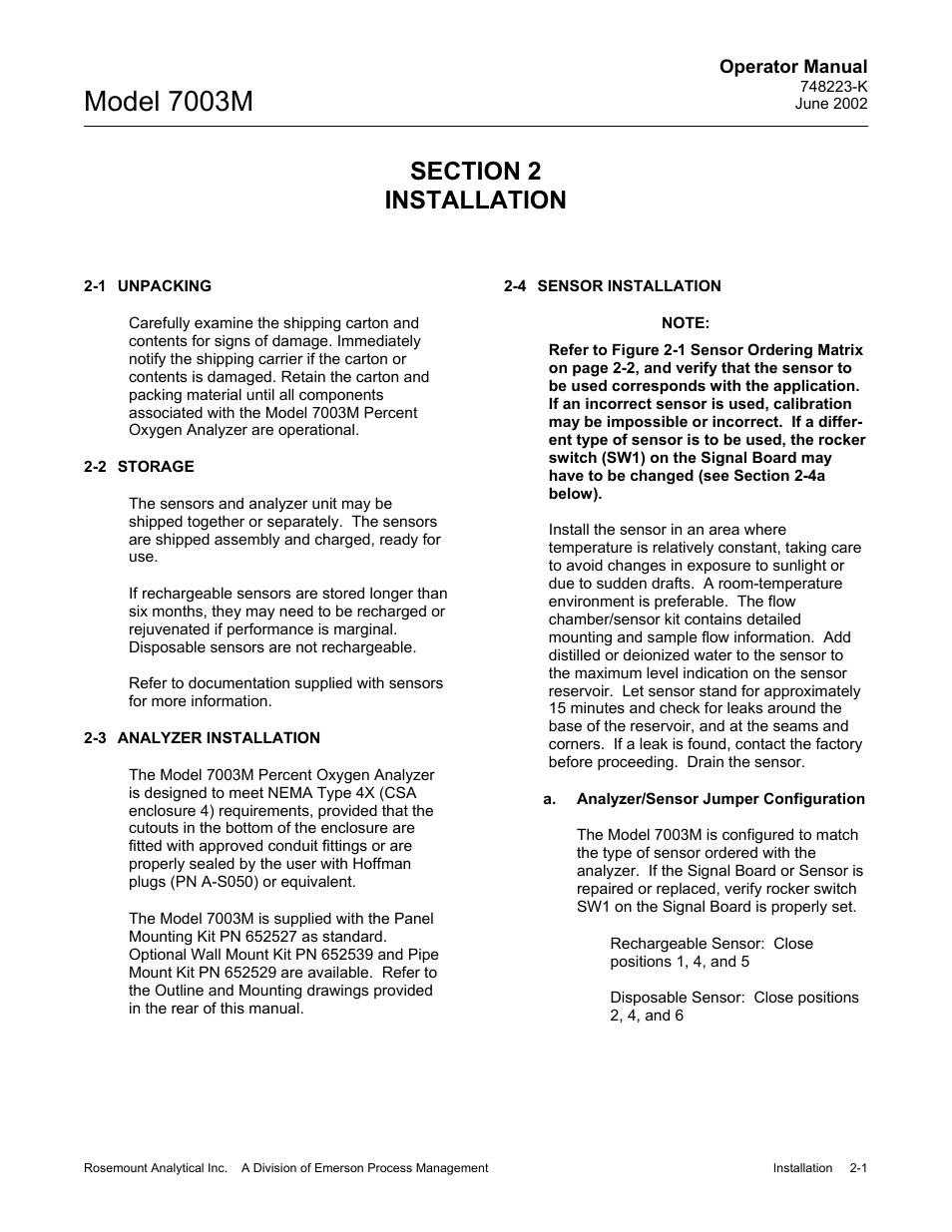 0 installation, 1 unpacking, 2 storage | 3 analyzer installation, 4 sensor installation, A. analyzer/sensor jumper configuration, Model 7003m | Emerson 7003M User Manual | Page 19 / 74