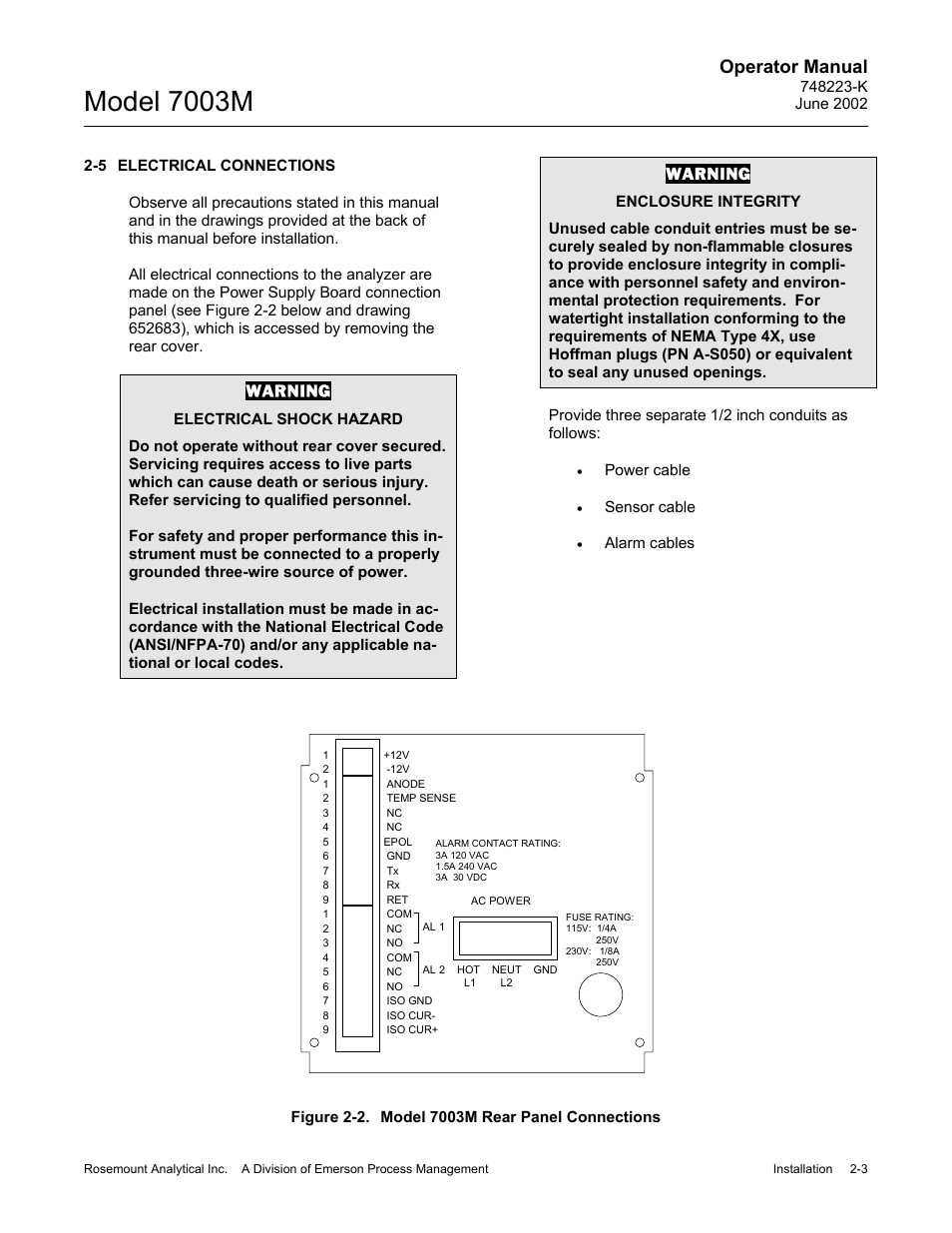 5 electrical connections, 2 model 7003m rear panel connections, Model 7003m | Operator manual | Emerson 7003M User Manual | Page 21 / 74