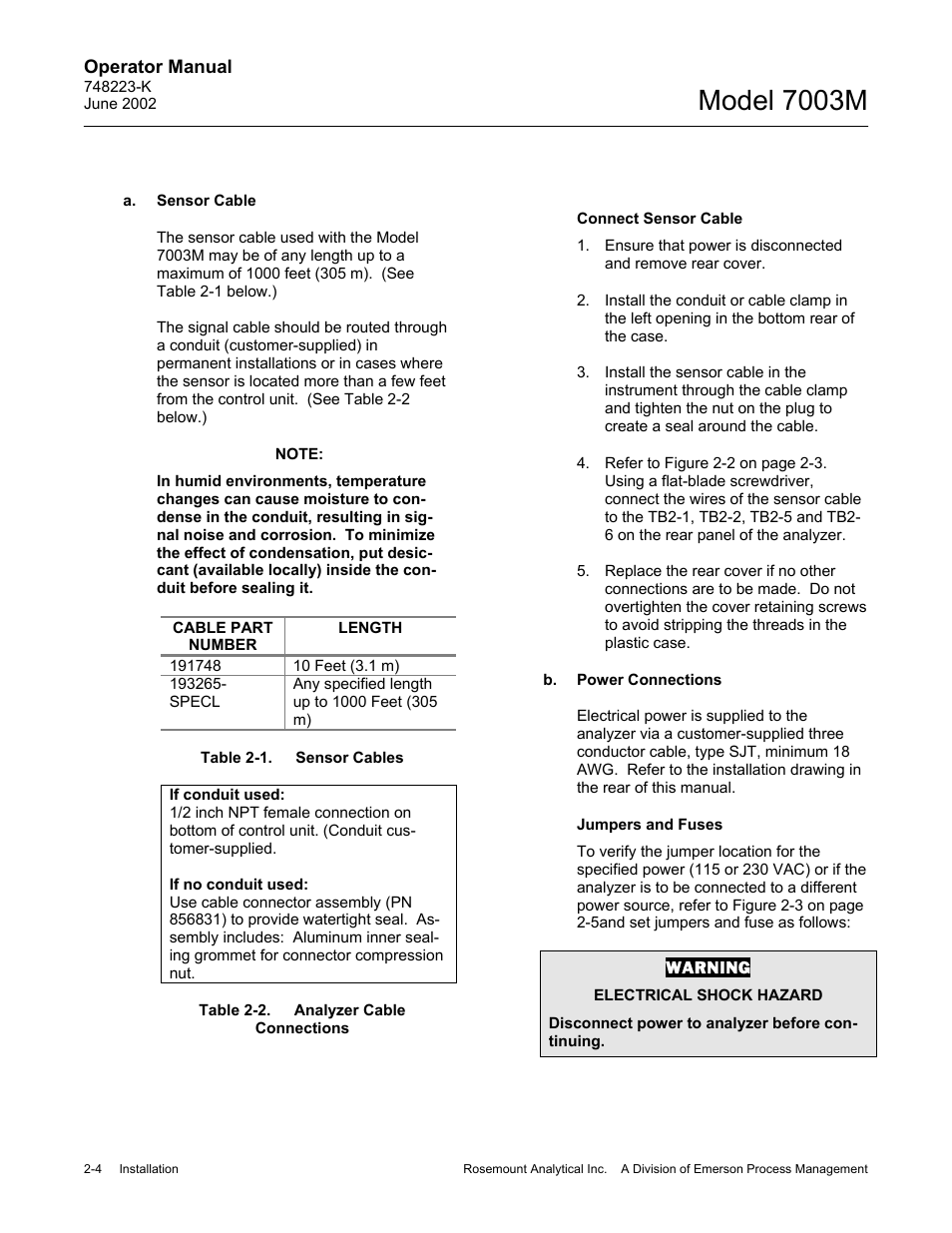 A. sensor cable, B. power connections, 1 sensor cables (part number/length) | Model 7003m | Emerson 7003M User Manual | Page 22 / 74