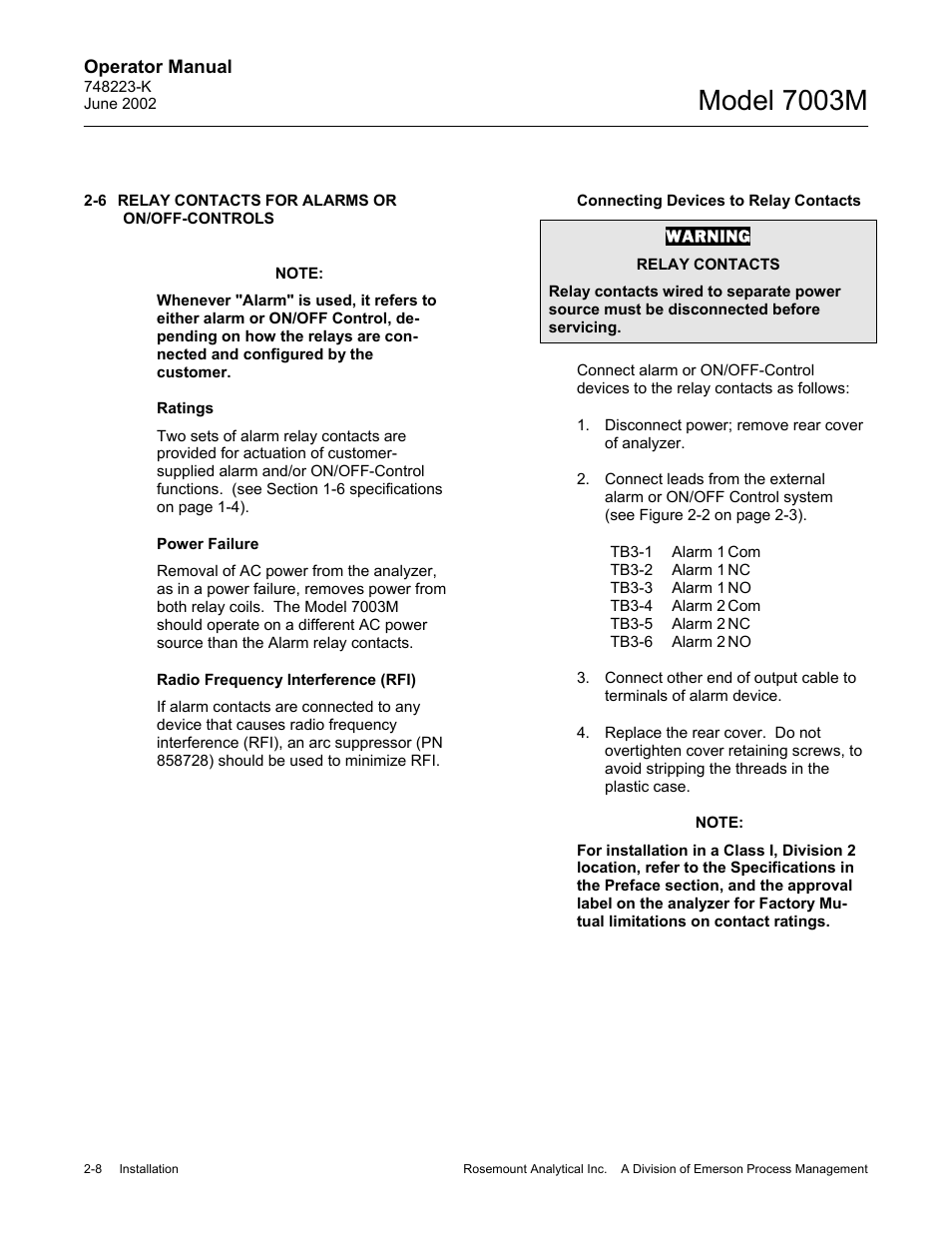 6 relay contacts for alarms or on/off controls, Model 7003m | Emerson 7003M User Manual | Page 26 / 74