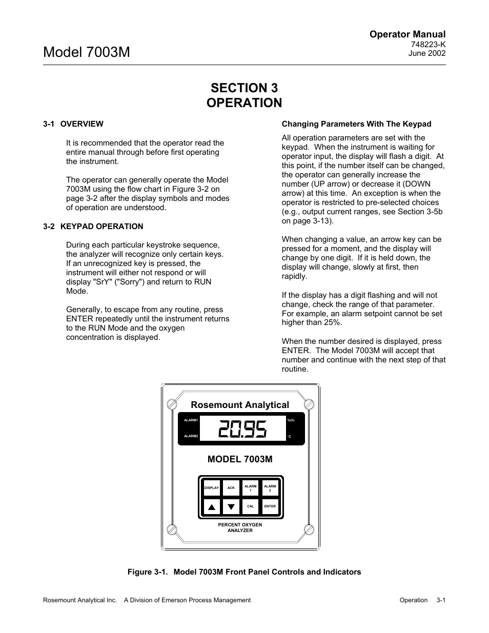 0 operation, 1 overview, 2 keypad operation | 1 model 7003m front panel controls and indicators, Model 7003m, Operator manual, Rosemount analytical model 7003m | Emerson 7003M User Manual | Page 27 / 74