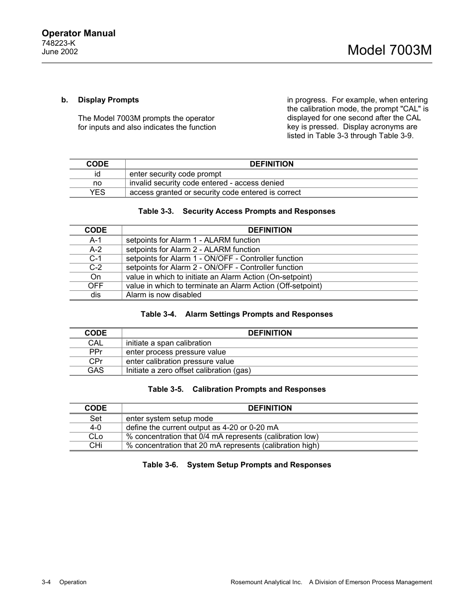 B. display prompts, Model 7003m | Emerson 7003M User Manual | Page 30 / 74