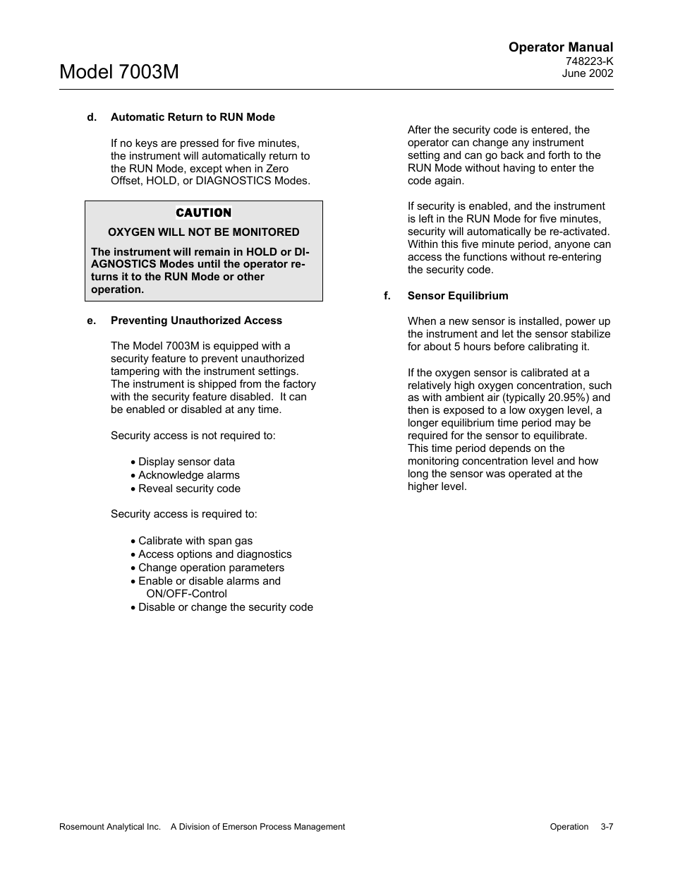 D. automatic return to run mode, E. preventing unauthorized access, F. sensor equilibrium | Model 7003m | Emerson 7003M User Manual | Page 33 / 74