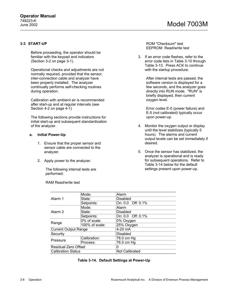 3 start-up, A. initial power-up, 14 default settings at power-up | Model 7003m | Emerson 7003M User Manual | Page 34 / 74