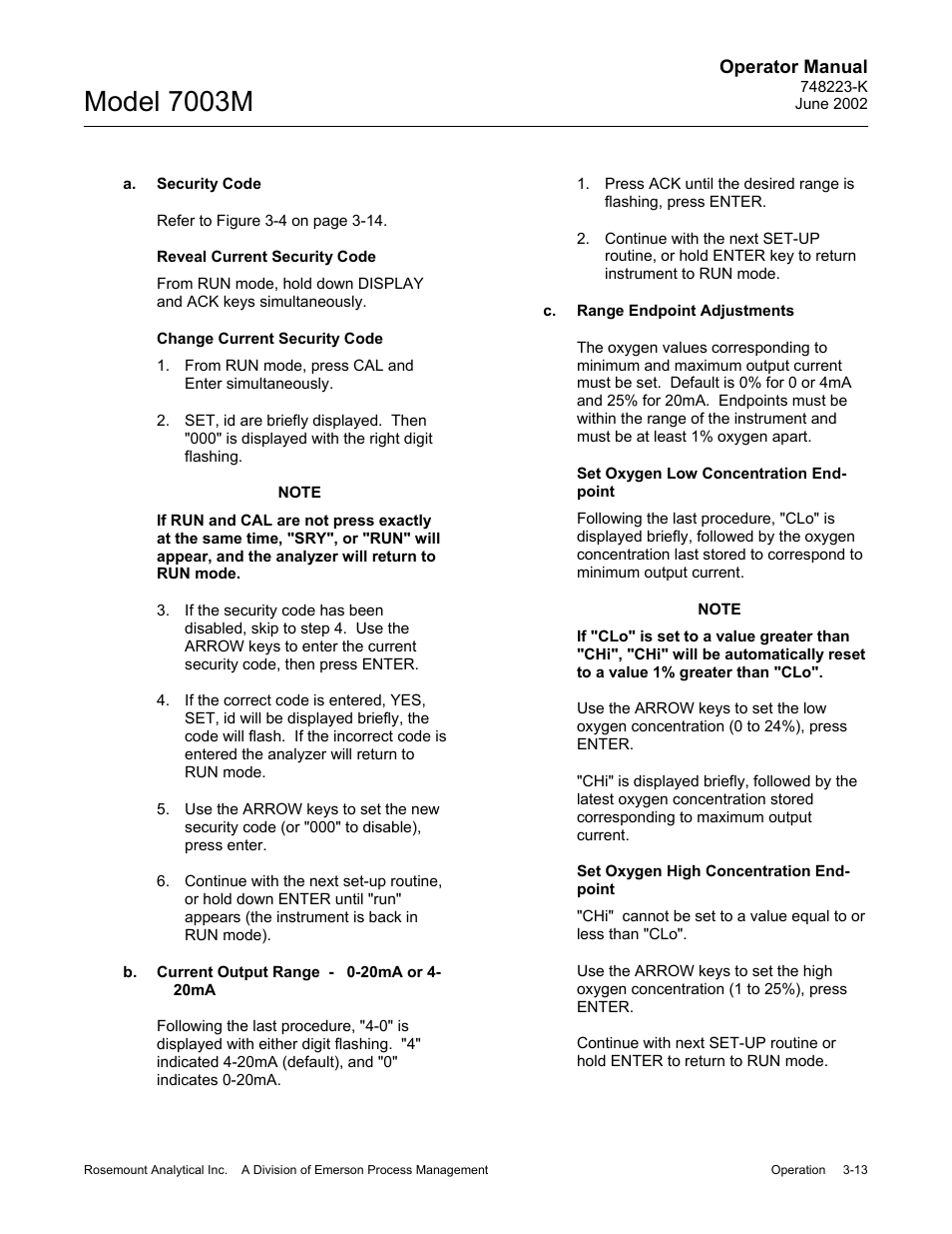A. security code, B. current output range - 0-20ma or 4-20ma, C. range endpoint adjustments | Model 7003m | Emerson 7003M User Manual | Page 39 / 74
