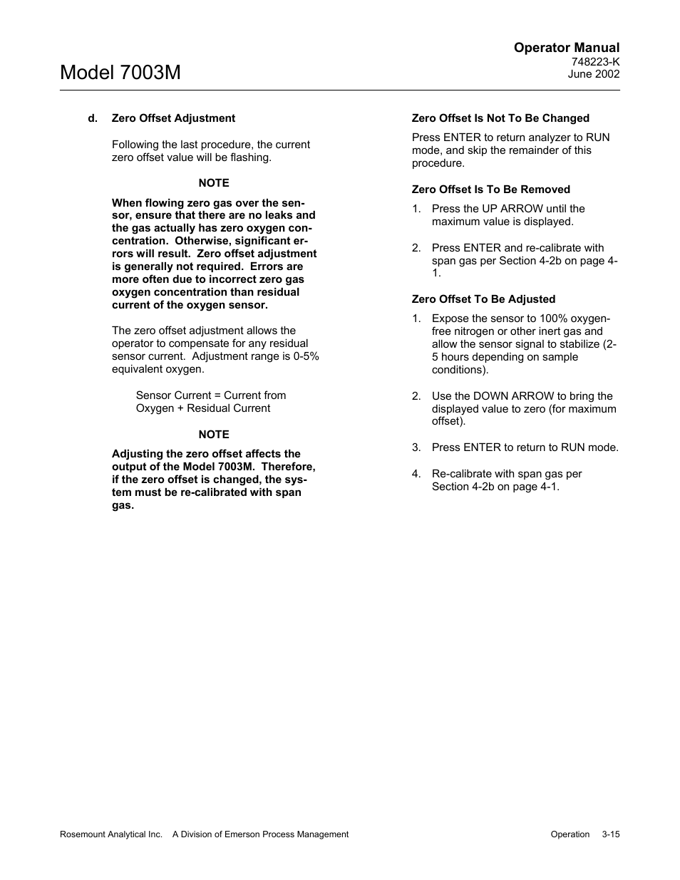 D. zero offset adjustment, Model 7003m | Emerson 7003M User Manual | Page 41 / 74