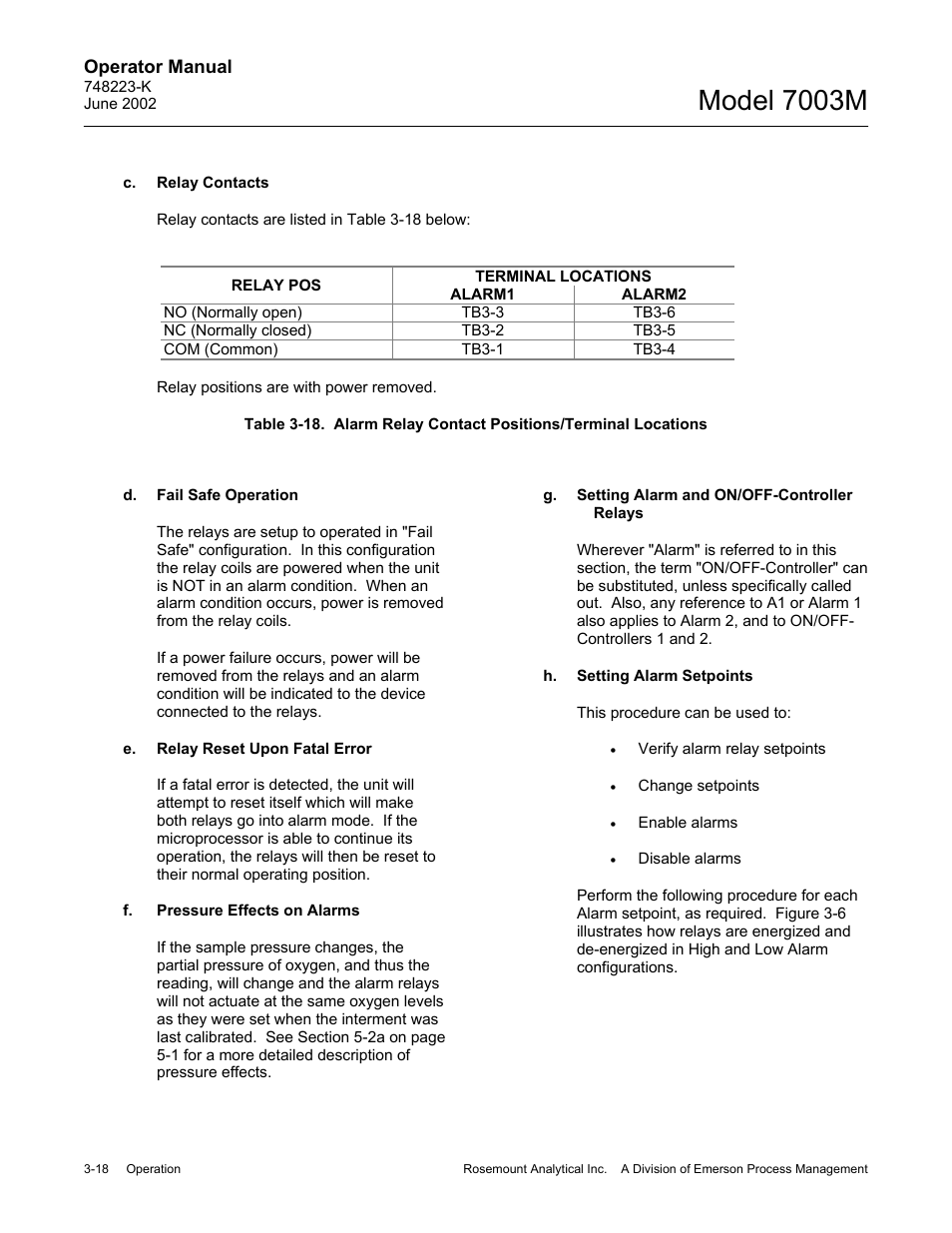 C. relay contacts, D. fail safe operation, E. relay reset upon fatal error | F. pressure effects on alarms, G. setting alarm and on/off controller relays, H. setting alarm setpoints, 18 alarm relay contact postions/terminal locations, Model 7003m | Emerson 7003M User Manual | Page 44 / 74