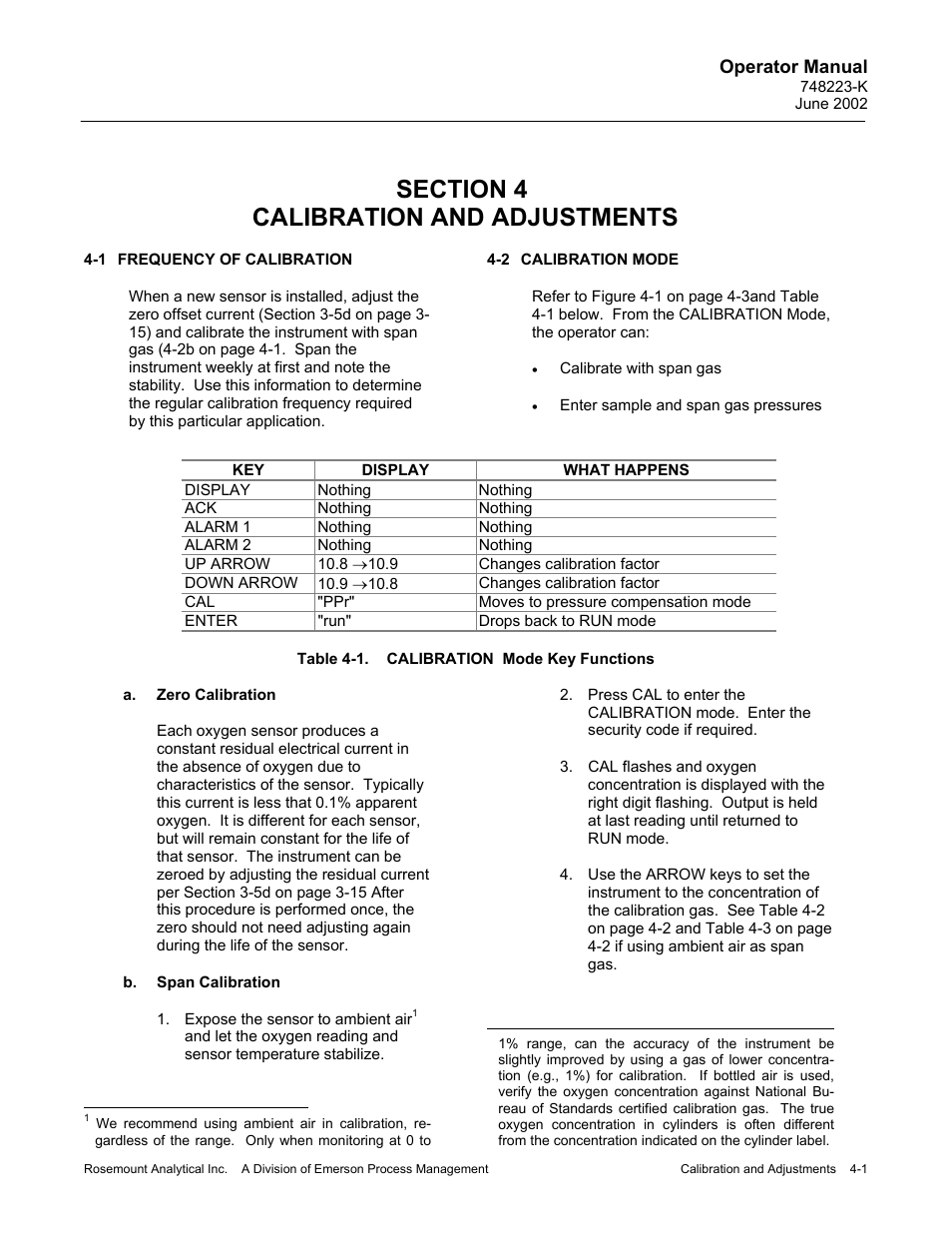 0 calibration and adjustments, 1 frequency of calibration, 2 calibration mode | A. zero calibration, B. span calibration | Emerson 7003M User Manual | Page 47 / 74