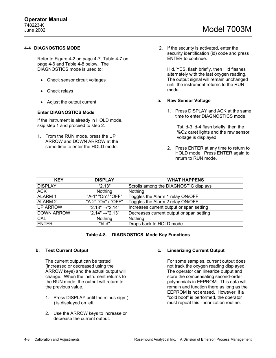 4 diagnostics mode, A. raw signal voltage, B. test current output | C. linearizing current output, Model 7003m | Emerson 7003M User Manual | Page 54 / 74