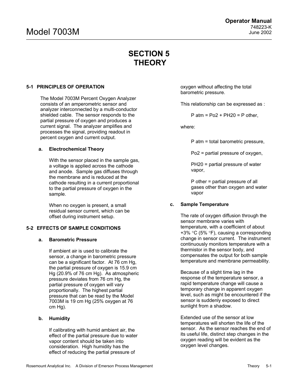 0 theory, 1 principles of operation, A. electrochemical theory | 2 effects of sample conditions, A. barometric pressure, B. humidity, C. sample temperature, Model 7003m | Emerson 7003M User Manual | Page 57 / 74