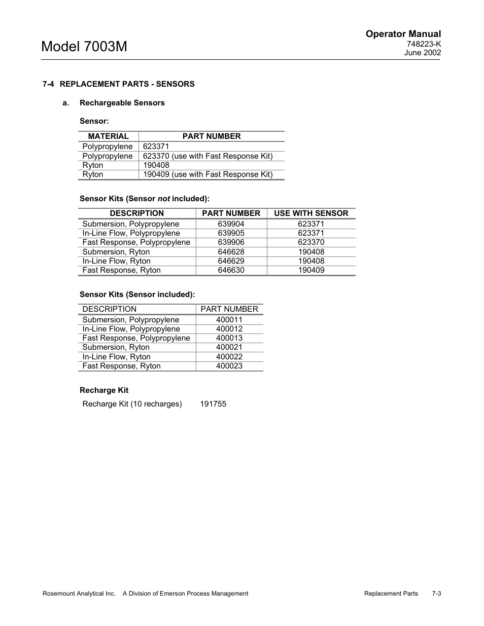 4 replacement parts - sensors, A. rechargeable sensors, Model 7003m | Emerson 7003M User Manual | Page 63 / 74