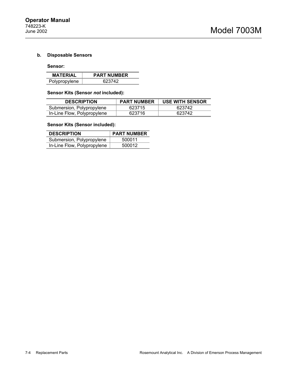 B. disposable sensors, Model 7003m | Emerson 7003M User Manual | Page 64 / 74