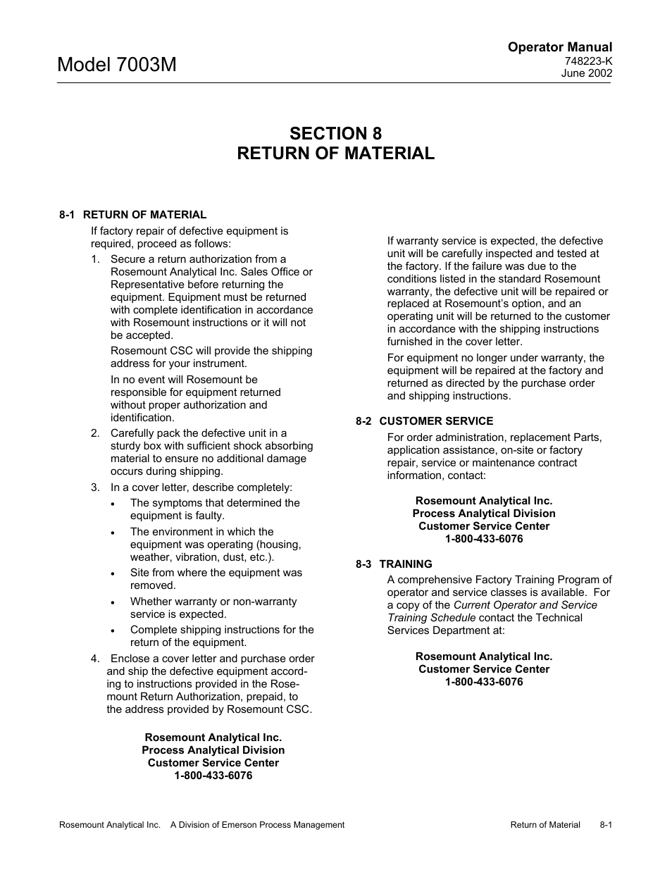 0 return of material, 1 return of material, 2 customer service | 3 training, Model 7003m | Emerson 7003M User Manual | Page 65 / 74