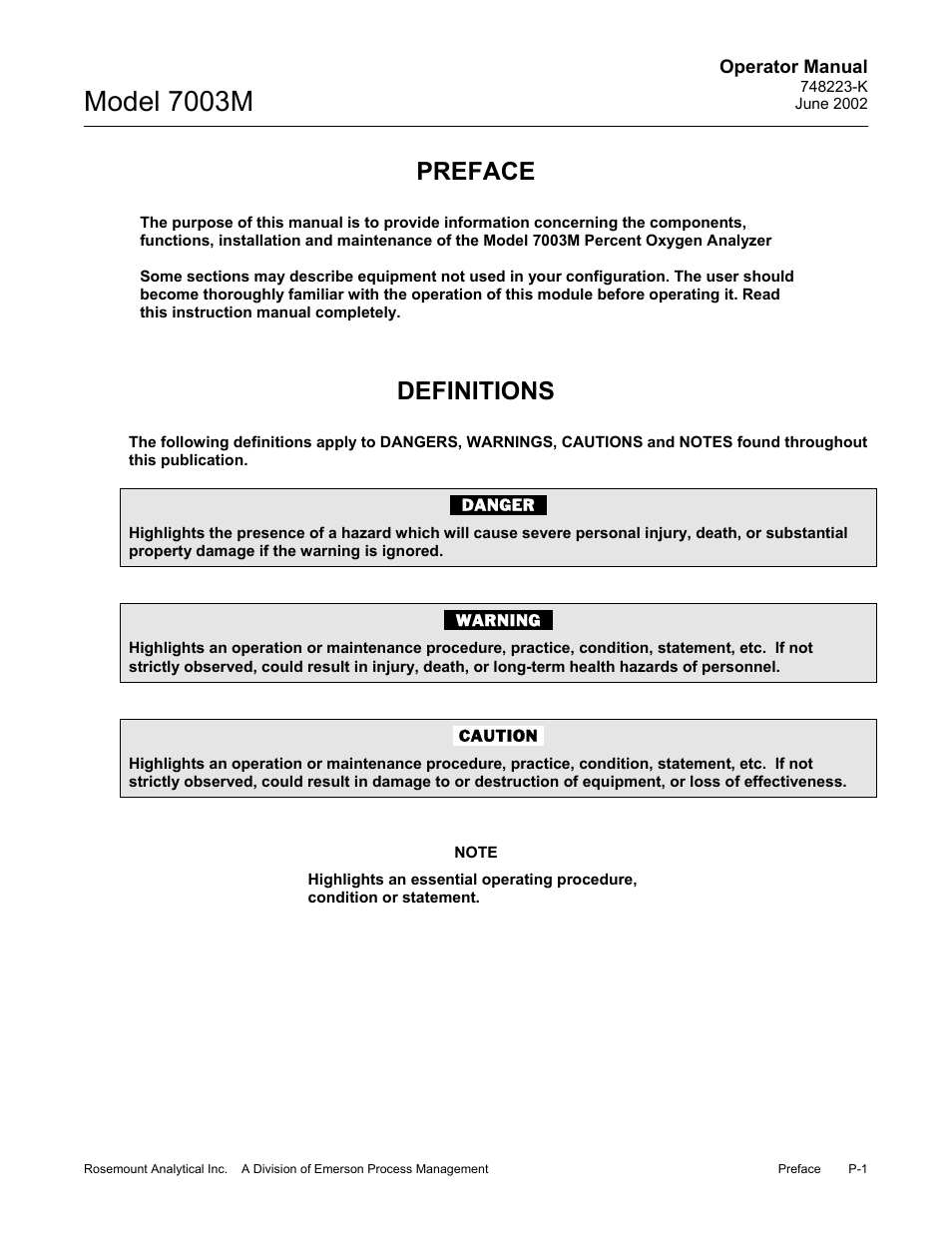 Preface, Definitions, Model 7003m | Emerson 7003M User Manual | Page 7 / 74