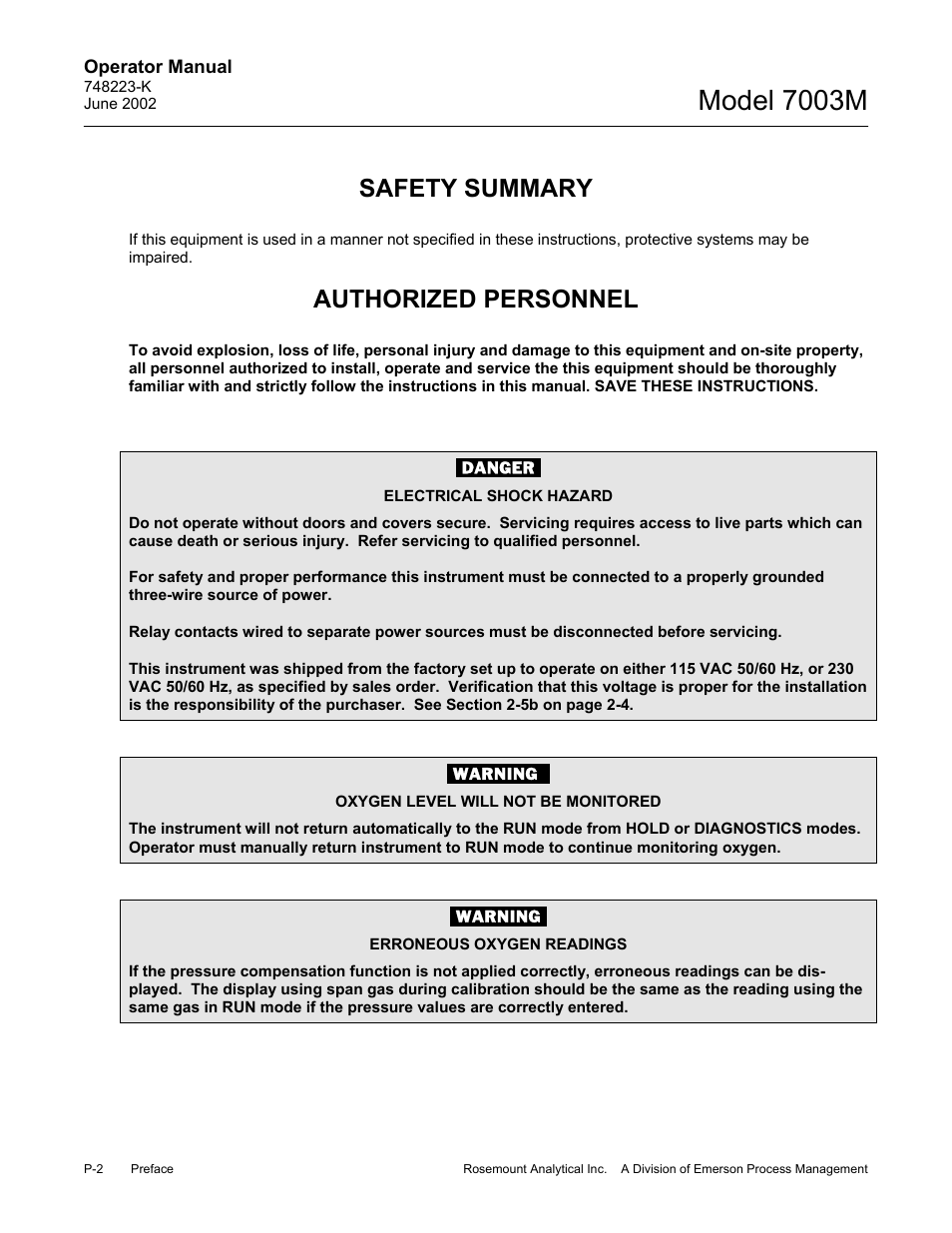 Safety summary, Authorized personnel, Model 7003m | Emerson 7003M User Manual | Page 8 / 74