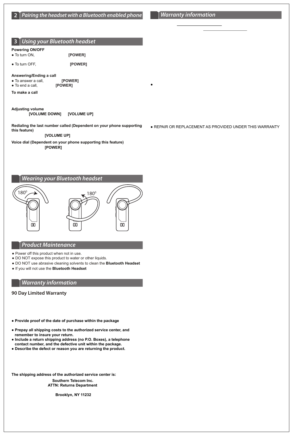 Em227mx_manual_side2, Warranty information, Product maintenance | Wearing your bluetooth headset, Using your bluetooth headset 3, Pairing the headset with a bluetooth enabled phone | Emerson EM227MX User Manual | Page 2 / 2