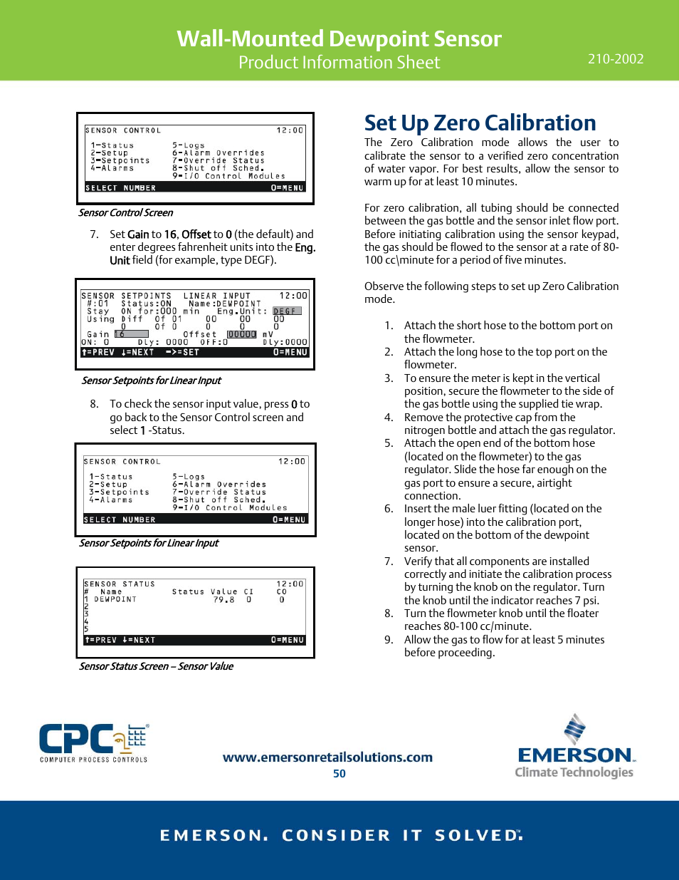 Wall-mounted dewpoint sensor, Set up zero calibration, Product information sheet | Emerson 210-2002 User Manual | Page 4 / 5