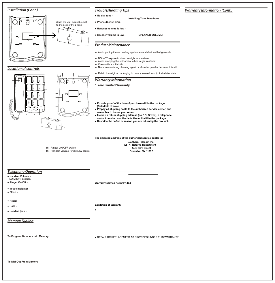 Hold store auto flash redial hf mic, Warranty information (cont.), Warranty information product maintenance | Troubleshooting tips, Telephone operation, Location of controls, Installation (cont.) | Emerson EM300 User Manual | Page 2 / 2