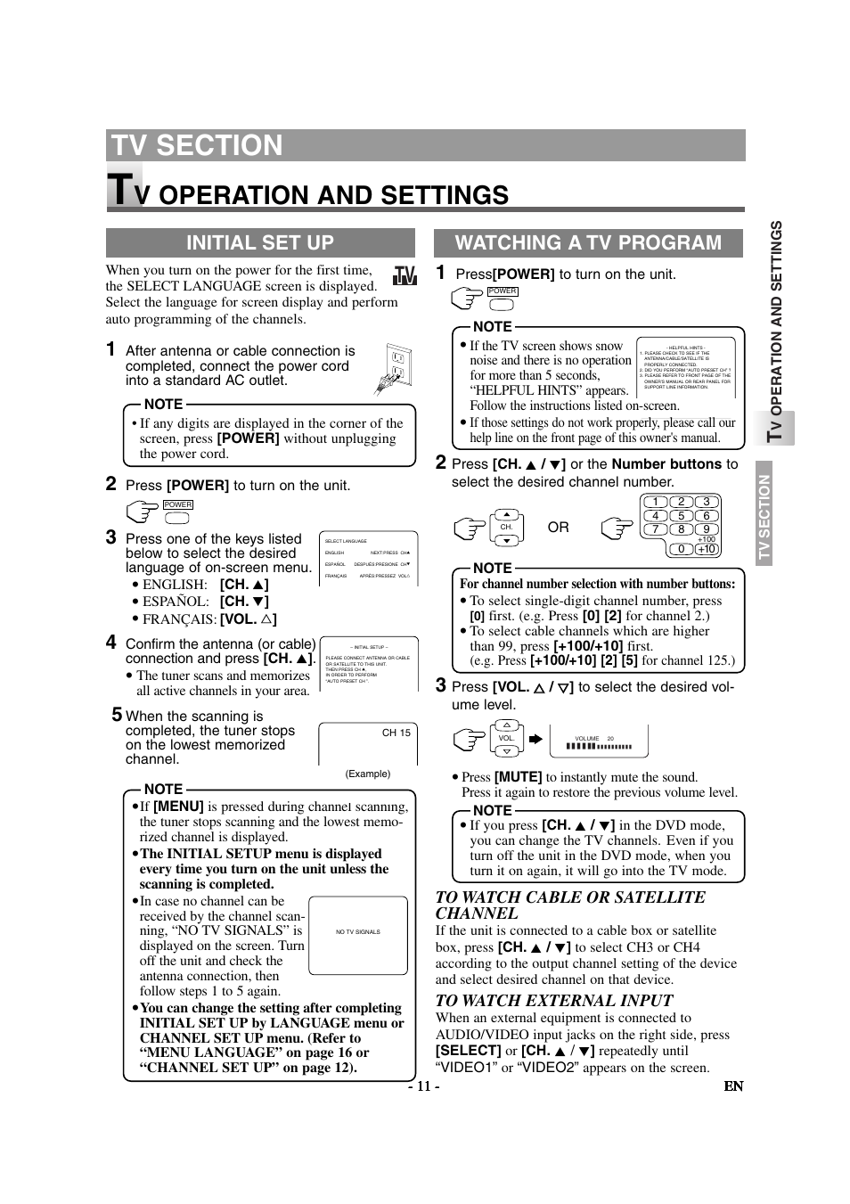 V operation and settings, Watching a tv program, Initial set up | Emerson EWL20D6 User Manual | Page 11 / 44