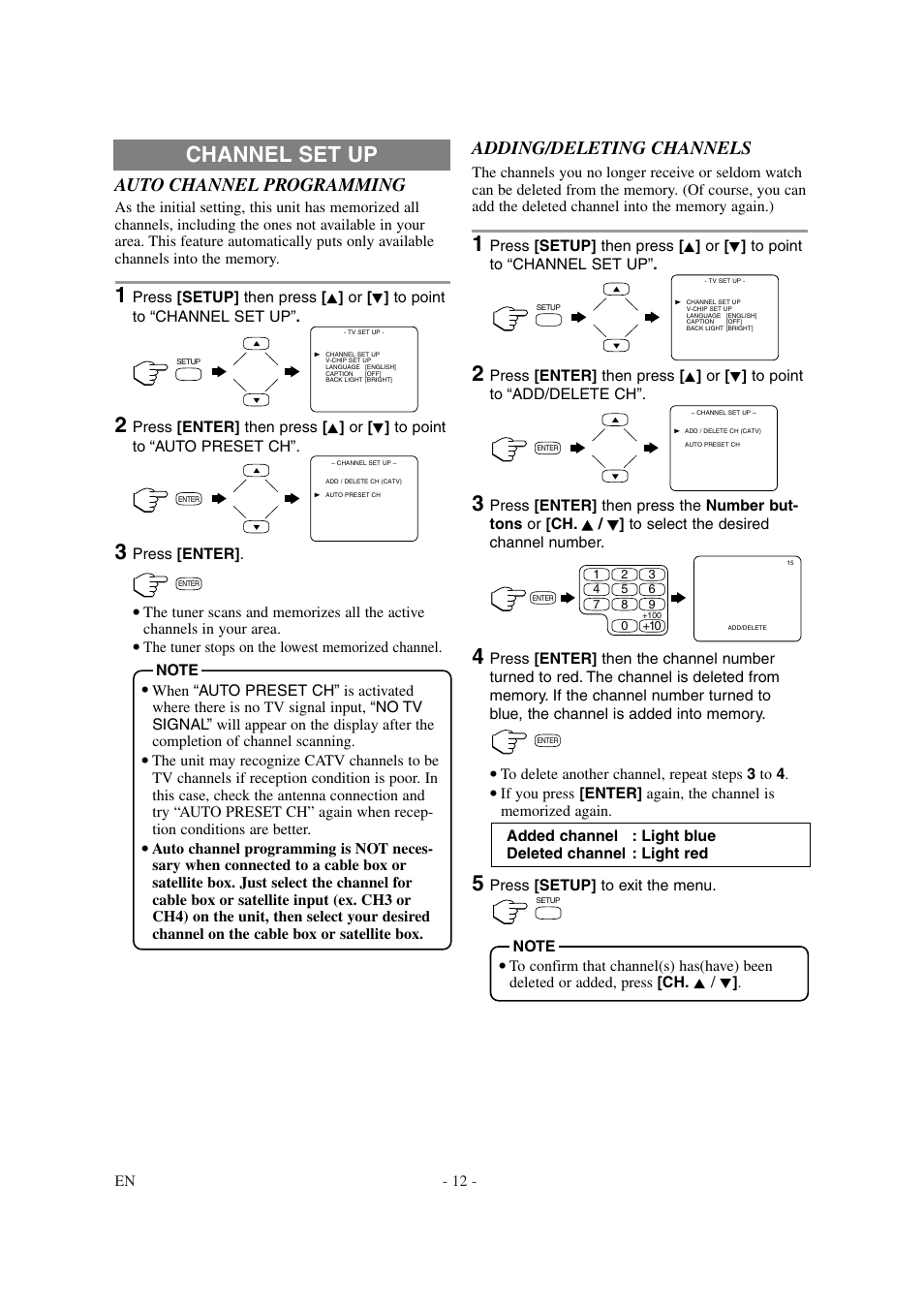 Channel set up, Auto channel programming, Adding/deleting channels | Emerson EWL20D6 User Manual | Page 12 / 44