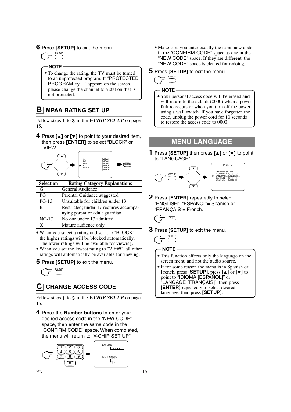 Menu language, Mpaa rating set up, Change access code | Emerson EWL20D6 User Manual | Page 16 / 44