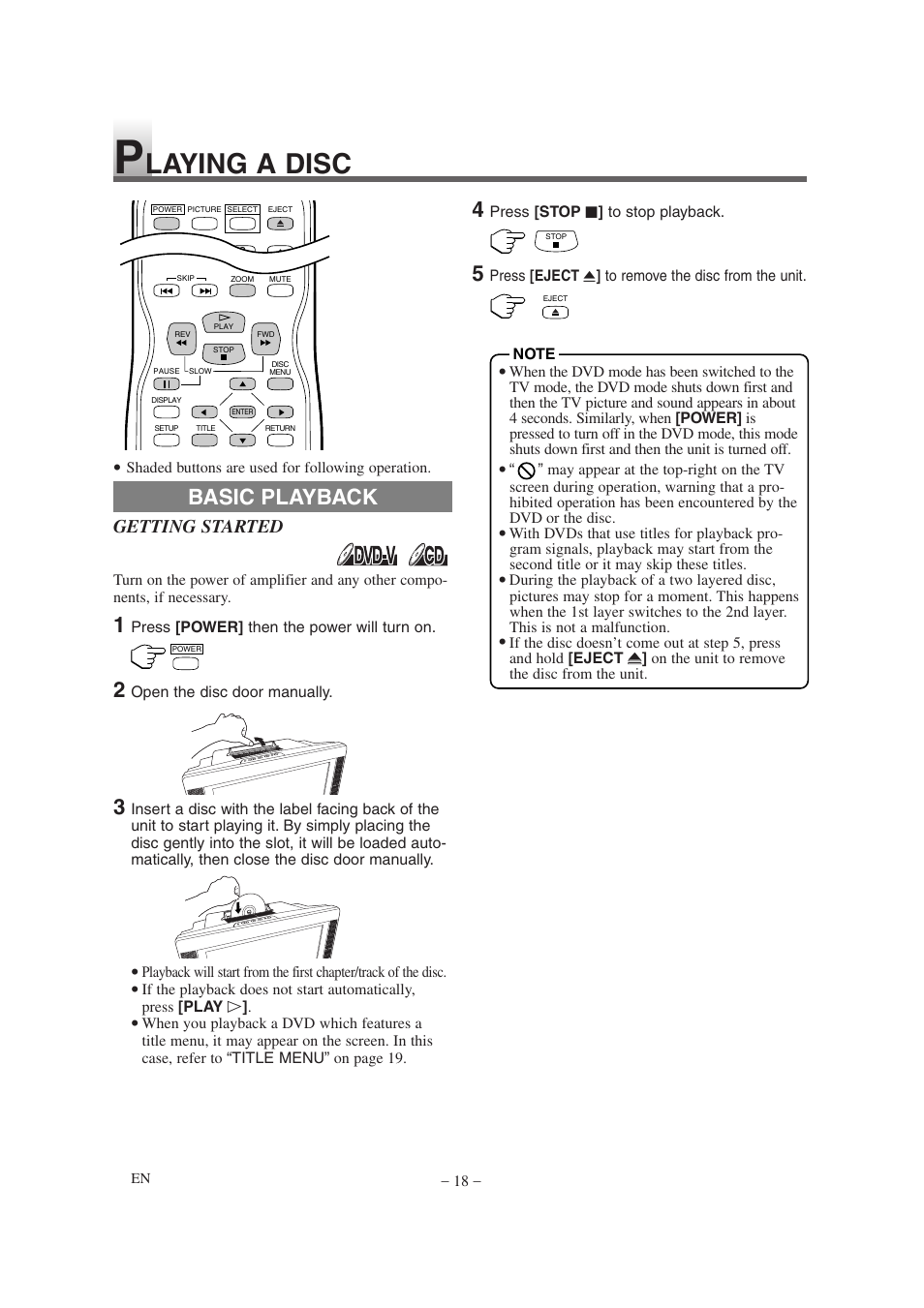Laying a disc, Basic playback, Getting started | Emerson EWL20D6 User Manual | Page 18 / 44