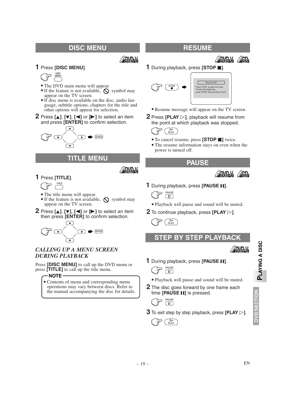 Resume pause title menu disc menu, Step by step playback | Emerson EWL20D6 User Manual | Page 19 / 44