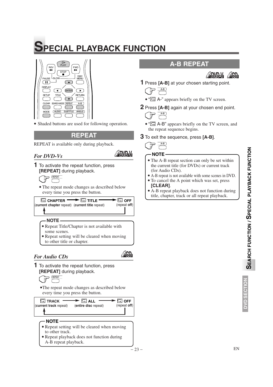 Pecial playback function, Repeat a-b repeat, For dvd-vs | For audio cds | Emerson EWL20D6 User Manual | Page 23 / 44