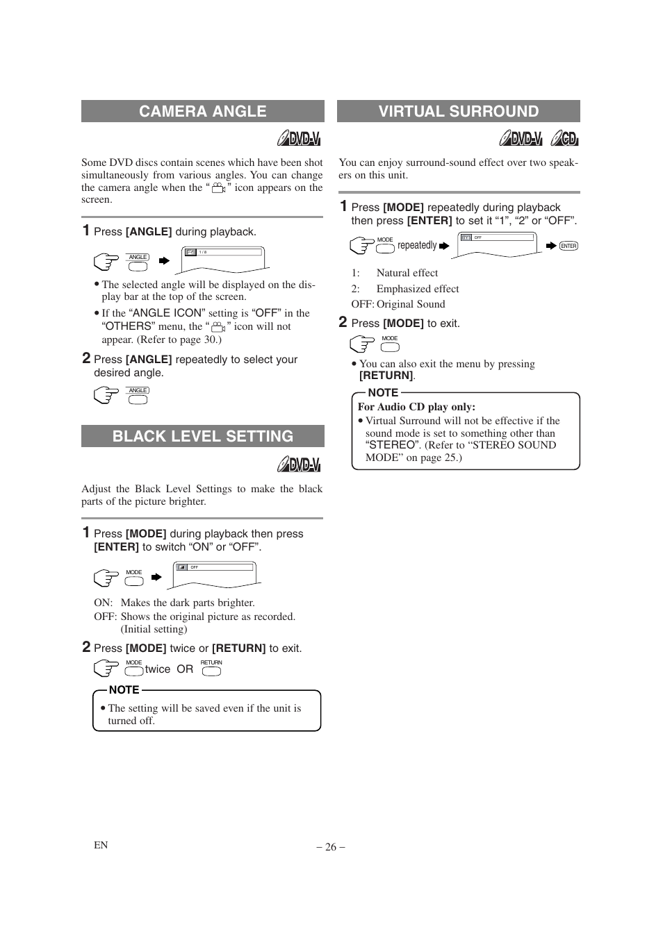Virtual surround, Black level setting, Camera angle | Emerson EWL20D6 User Manual | Page 26 / 44