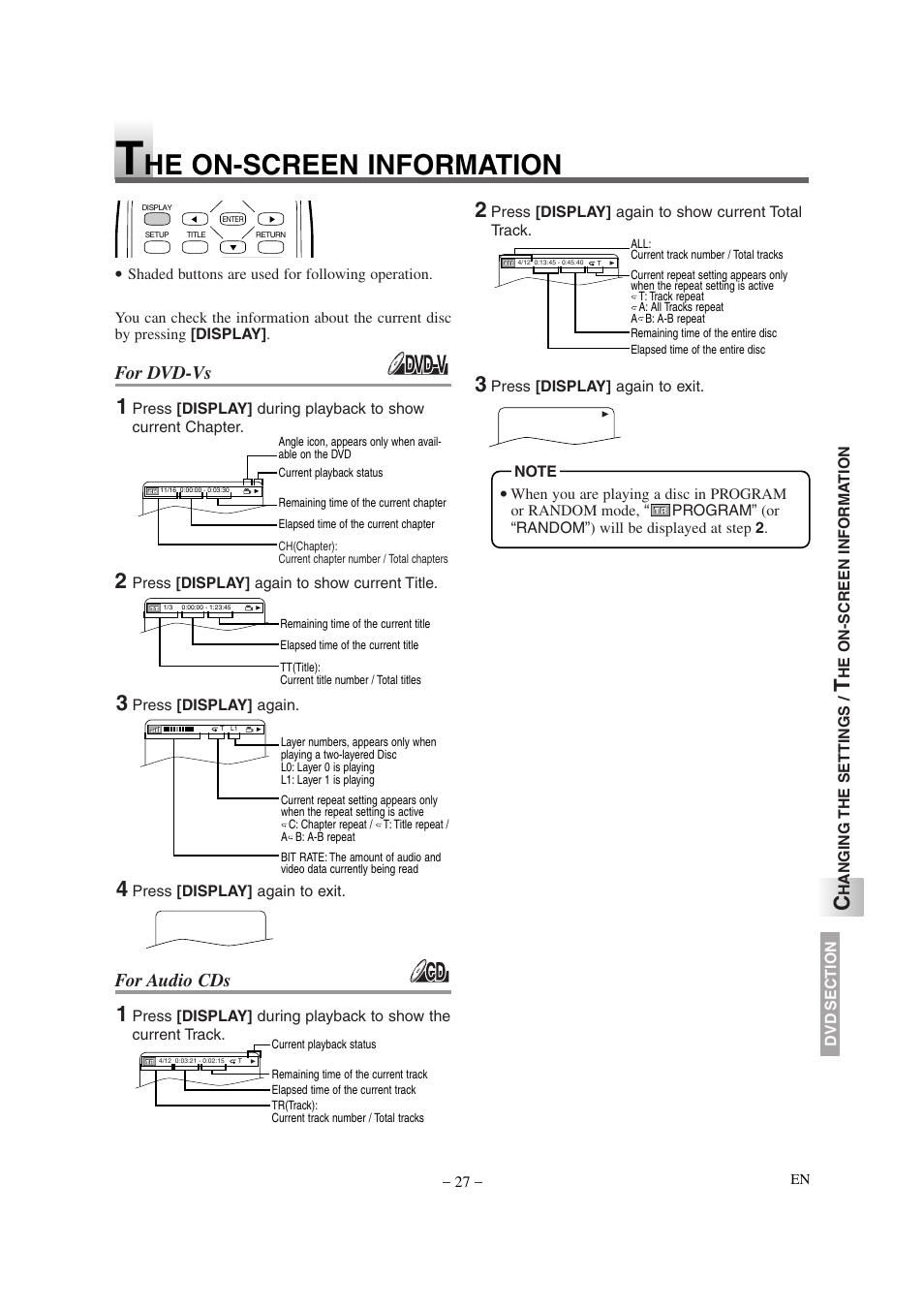 He on-screen information, For dvd-vs, For audio cds | Emerson EWL20D6 User Manual | Page 27 / 44