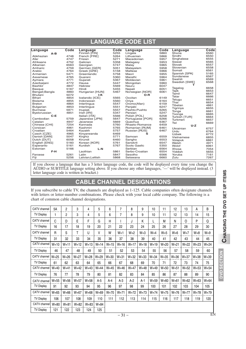 Language code list cable channel designations, Hanging the d vd set up items | Emerson EWL20D6 User Manual | Page 31 / 44