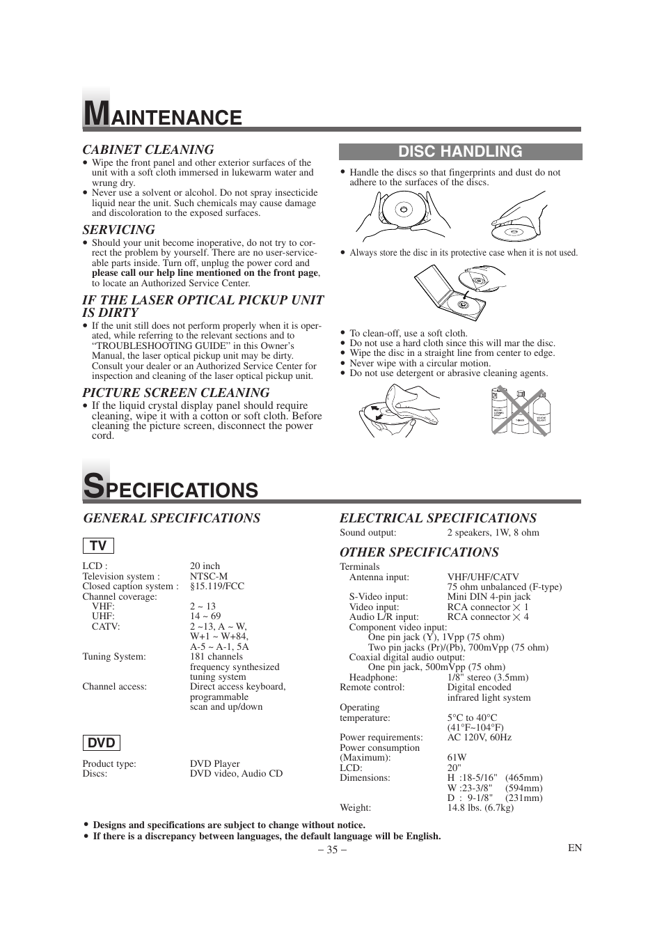 Aintenance, Pecifications, Disc handling | Emerson EWL20D6 User Manual | Page 35 / 44