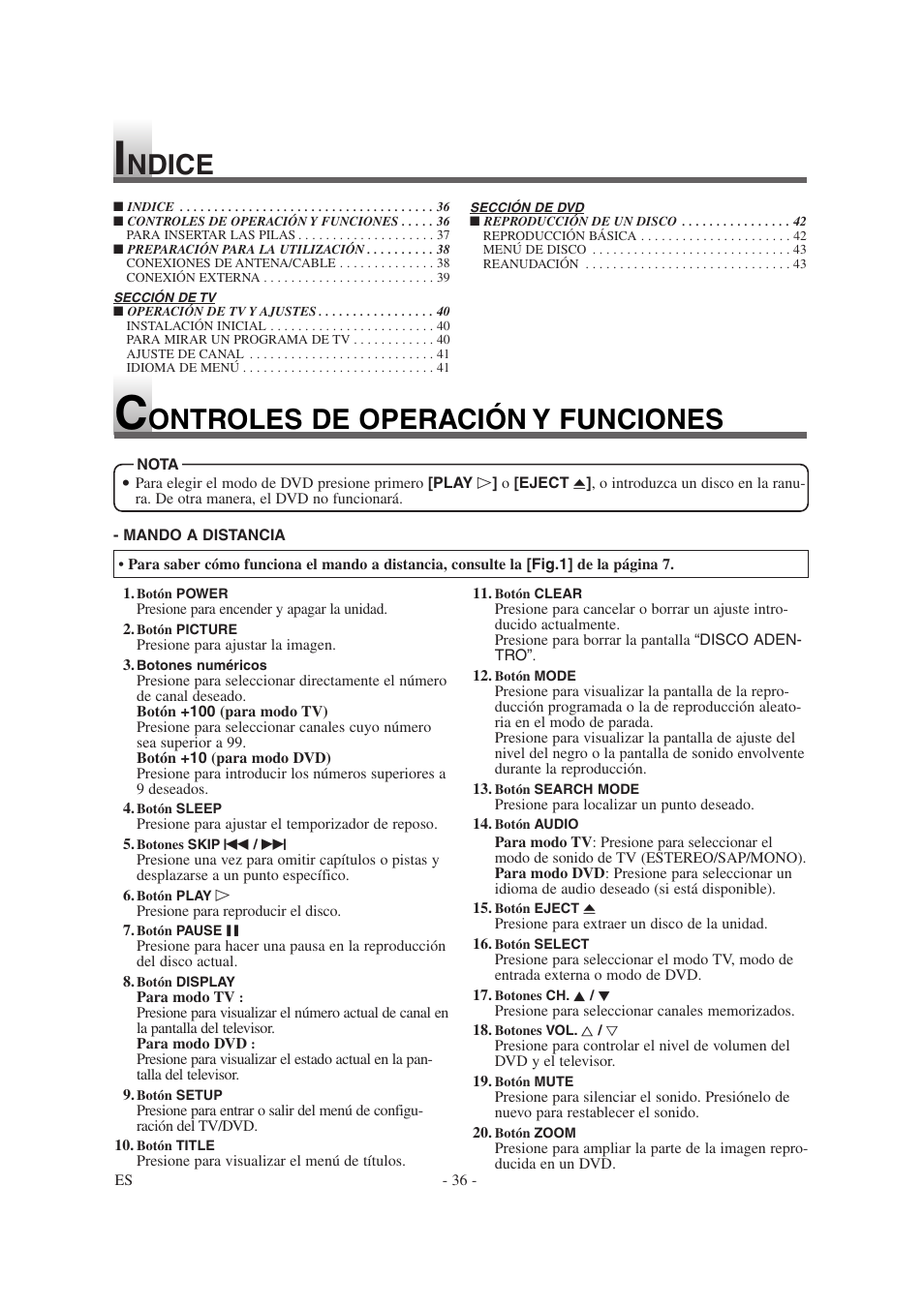 Ontroles de operación y funciones, Ndice | Emerson EWL20D6 User Manual | Page 36 / 44