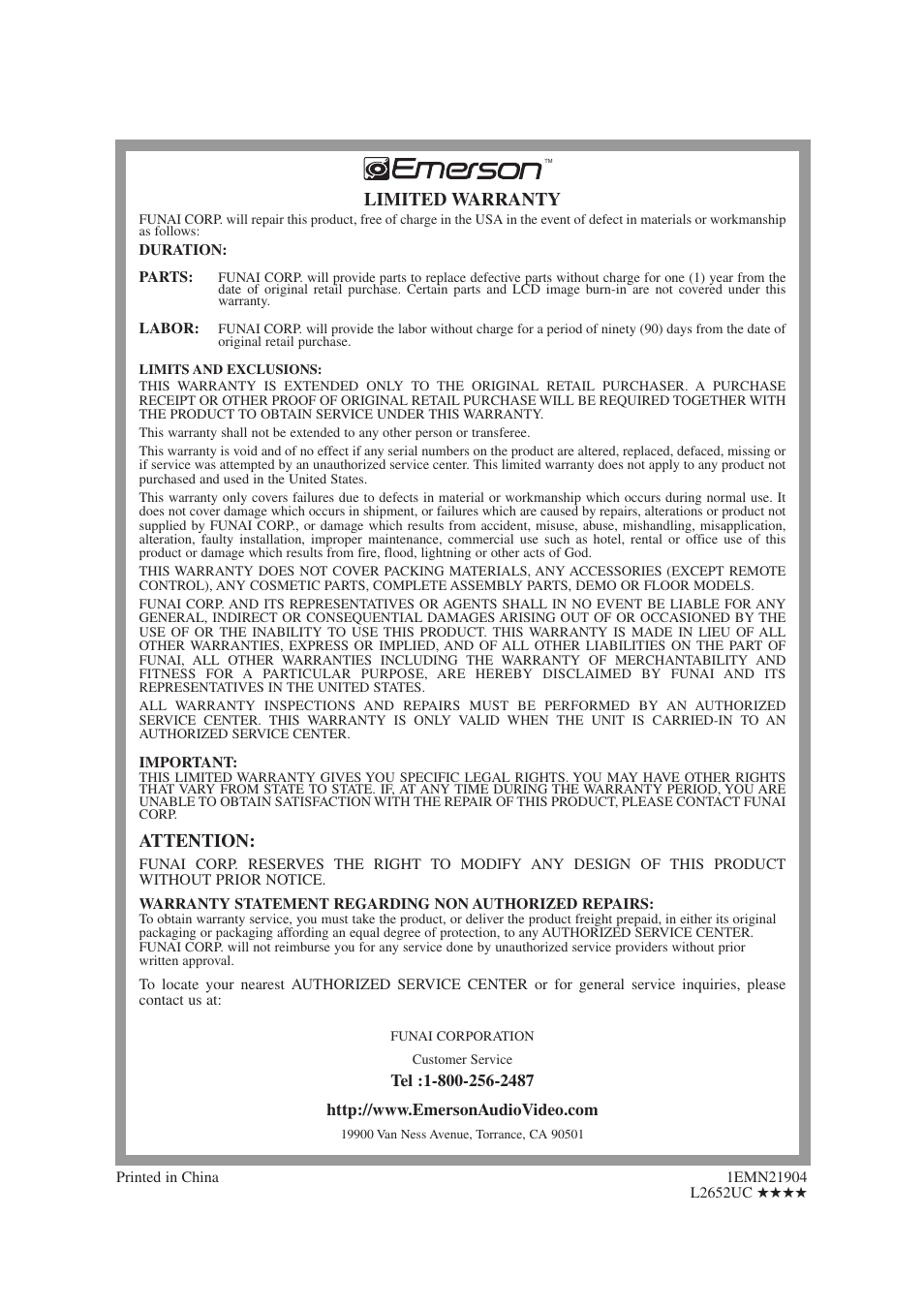 Limited warranty, Attention | Emerson EWL20D6 User Manual | Page 44 / 44