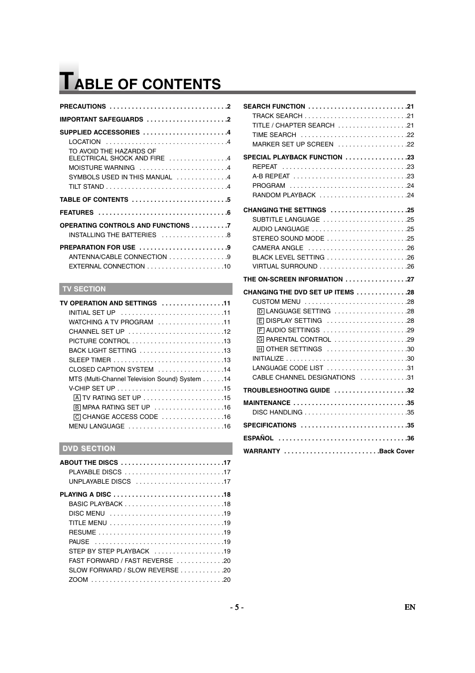 Able of contents | Emerson EWL20D6 User Manual | Page 5 / 44