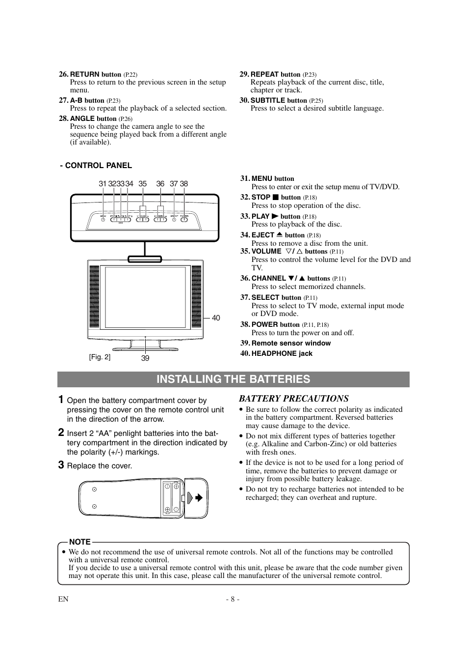 Installing the batteries 1, Battery precautions | Emerson EWL20D6 User Manual | Page 8 / 44