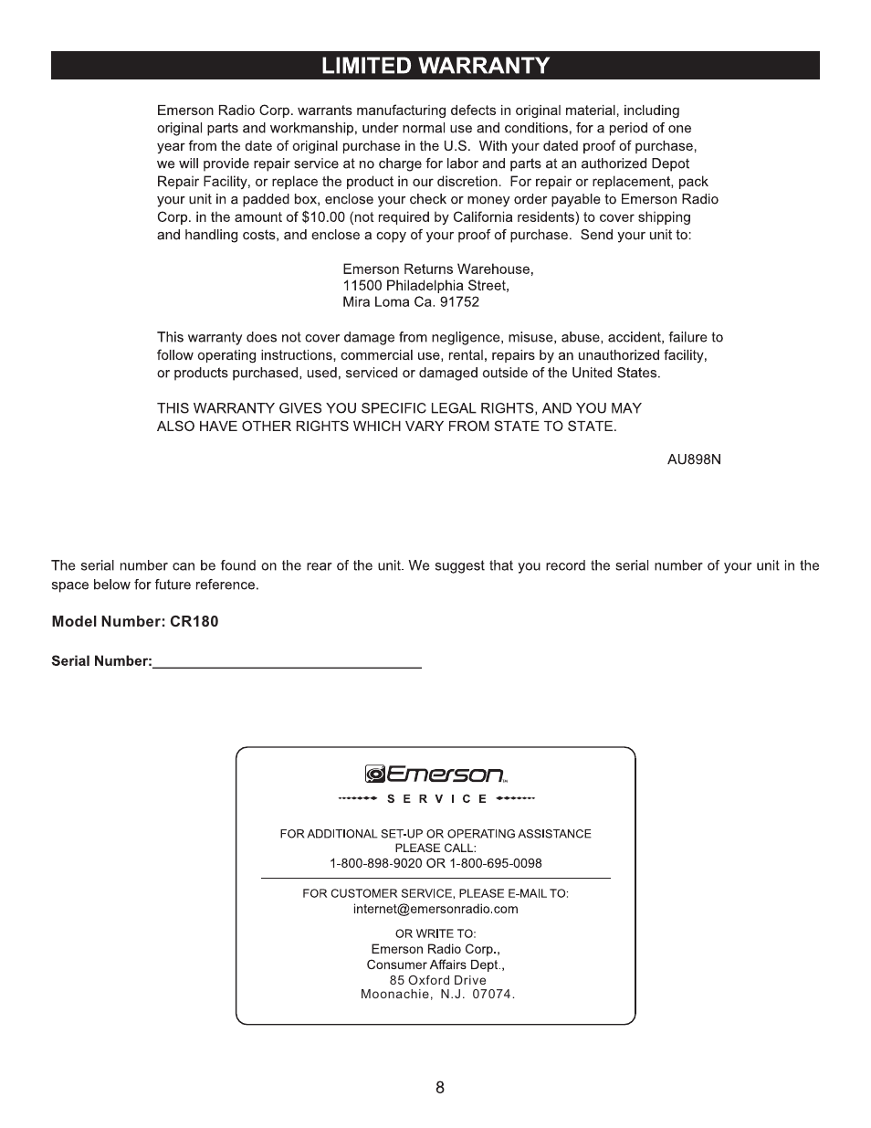Emerson Radio CR180 User Manual | Page 9 / 11