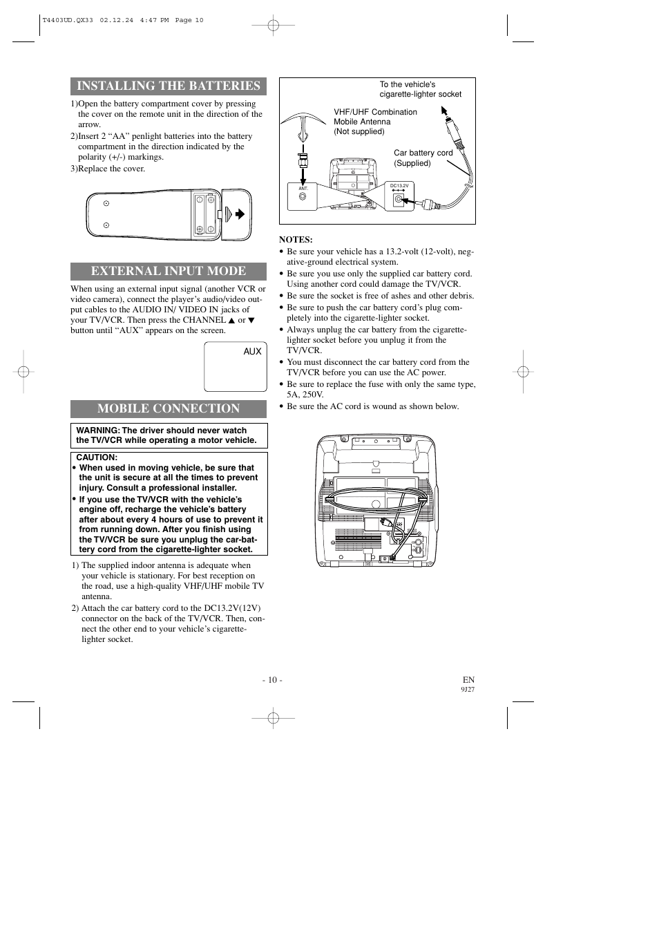 Installing the batteries, External input mode, Mobile connection | Emerson EWC0903 User Manual | Page 10 / 32