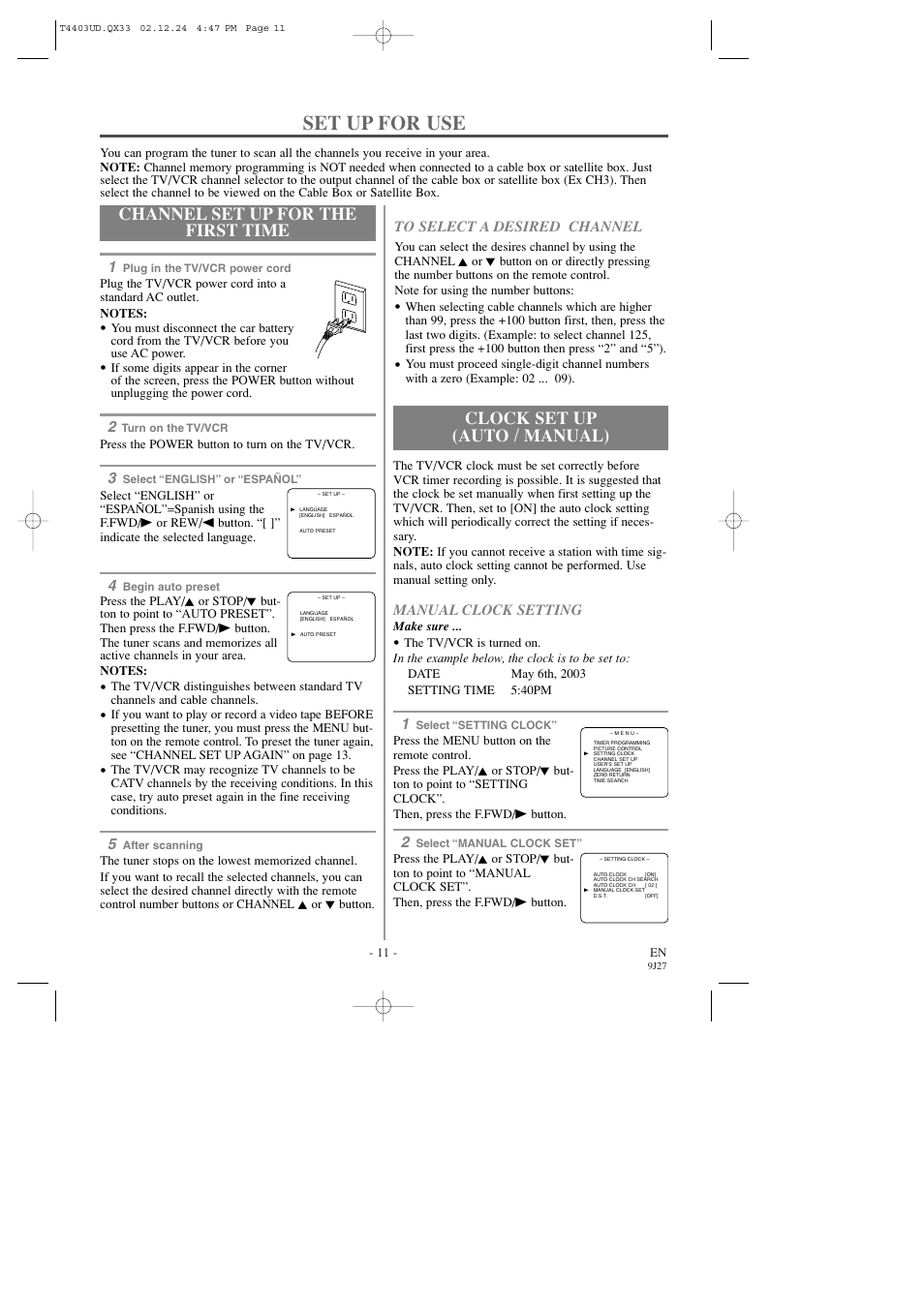 Set up for use, Channel set up for the first time, Clock set up (auto / manual) | Emerson EWC0903 User Manual | Page 11 / 32