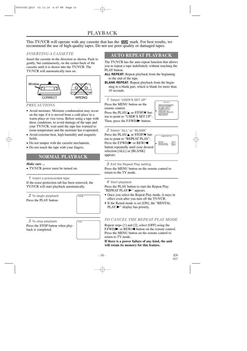 Playback, Normal playback, Auto repeat playback | Emerson EWC0903 User Manual | Page 16 / 32