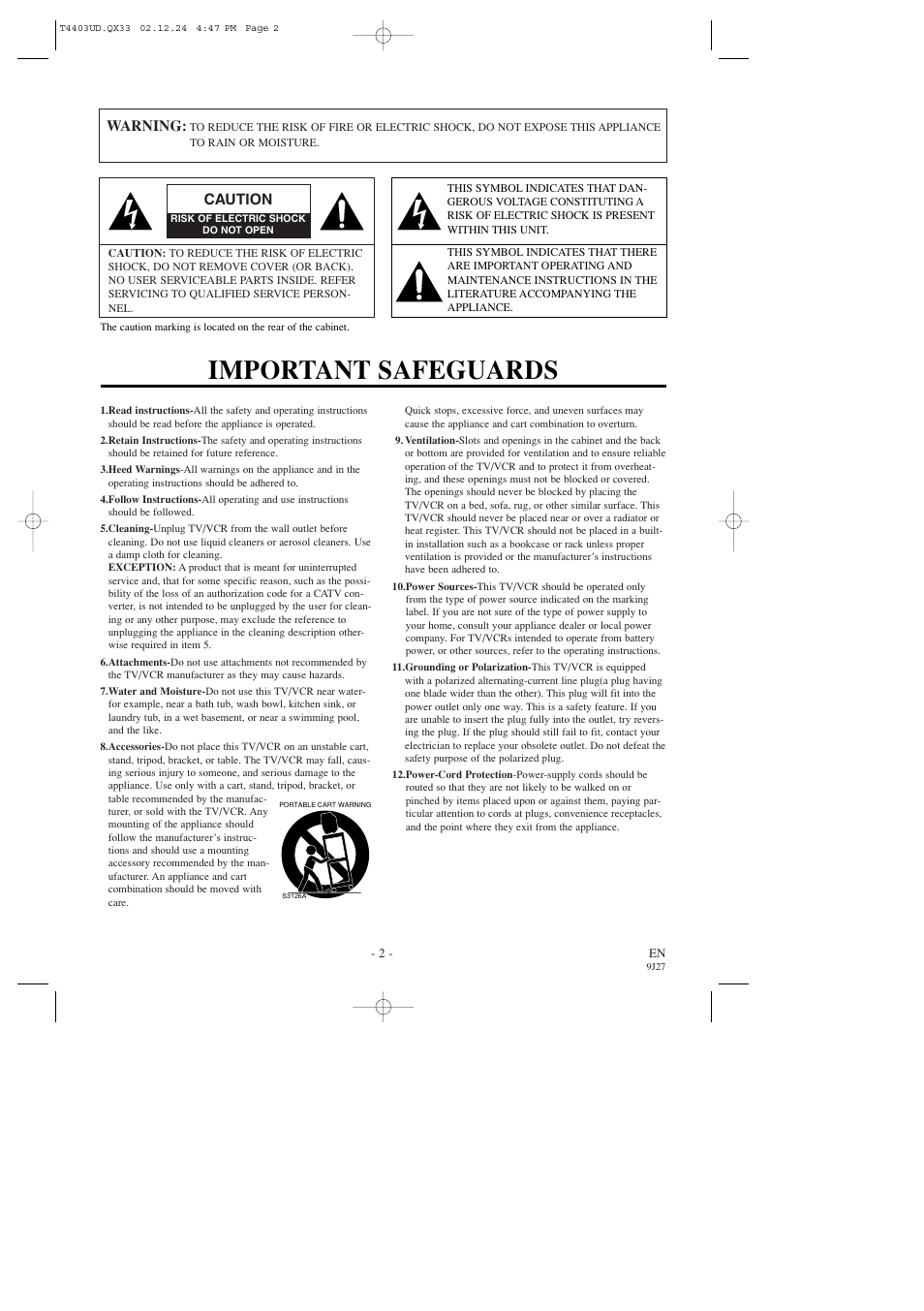 Important safeguards, Warning, Caution | Emerson EWC0903 User Manual | Page 2 / 32