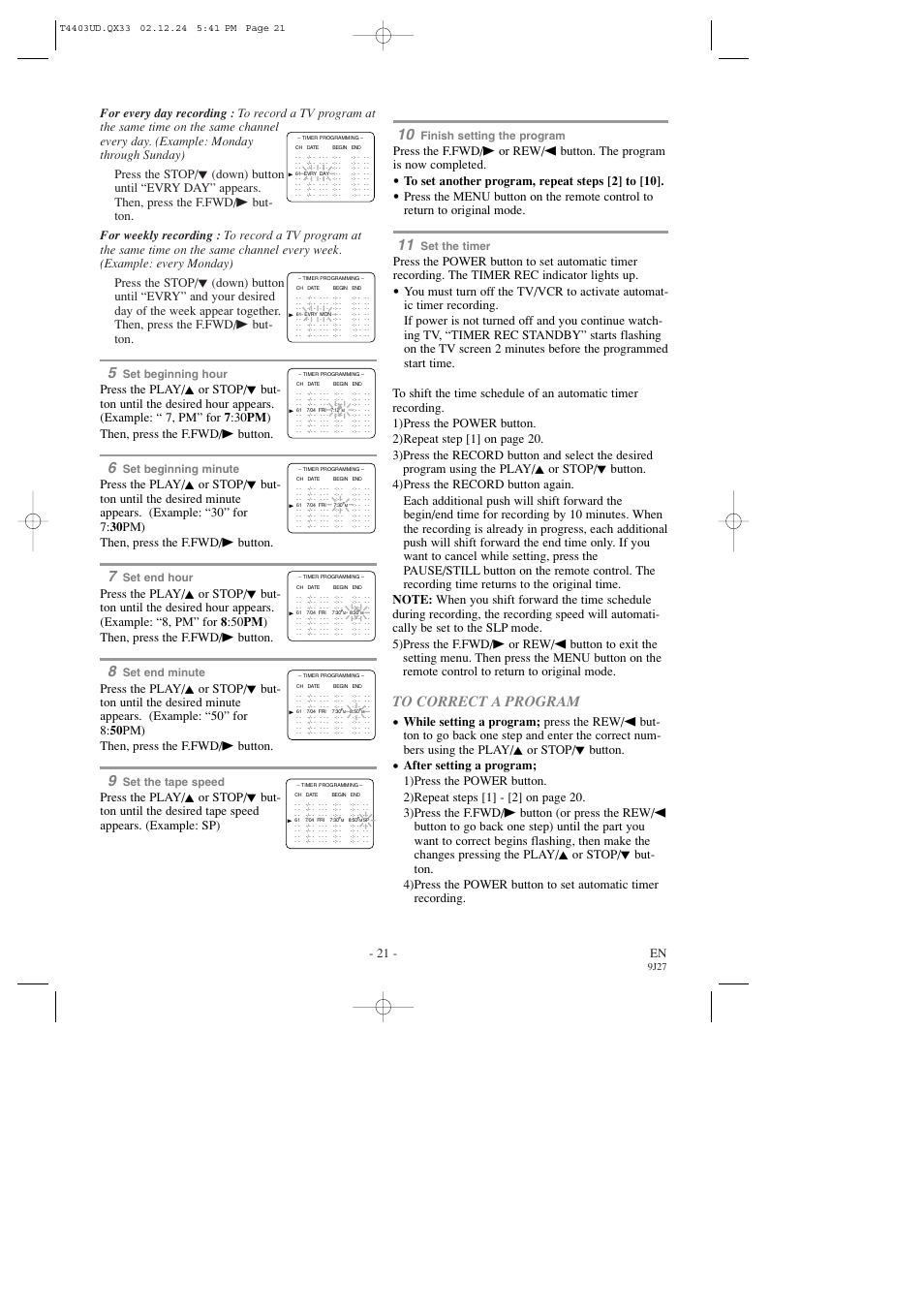 21 - en, Set beginning hour, Set beginning minute | Set end hour, Set end minute, Set the tape speed, Finish setting the program, Set the timer, 9j27 | Emerson EWC0903 User Manual | Page 21 / 32