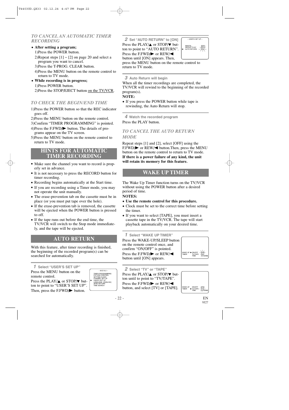 Hints for automatic timer recording, Auto return, Wake up timer | Emerson EWC0903 User Manual | Page 22 / 32